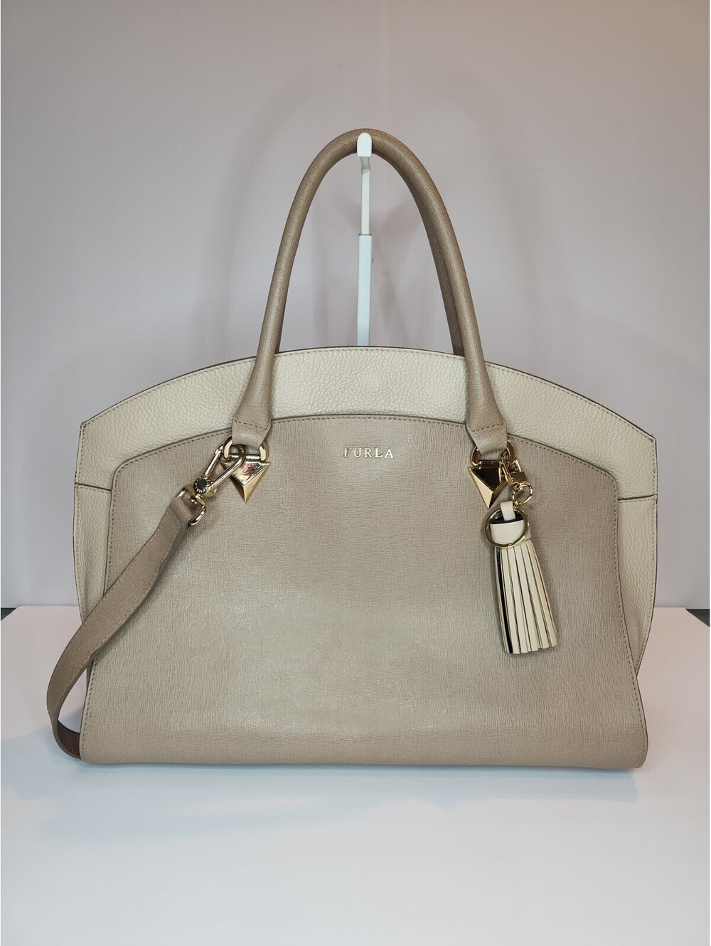 FURLA Leather Shoulder Bag Beige Ivory 2 Tone 2 Way Purse Large Satchel RARE
